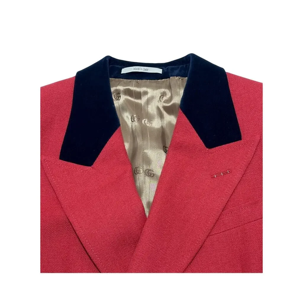 NWT Gucci Double Breasted Herringbone Wool Linen Blazer Red IT 48 US 38 $3,600